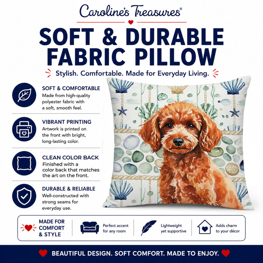 Toy Red Poodle Coastal Sea Glass Decorative Throw Pillow 14x14 Indoor Outdoor Accent Cushion, Fabric Cover with Insert for Sofa, Bed, Porch & Living Room