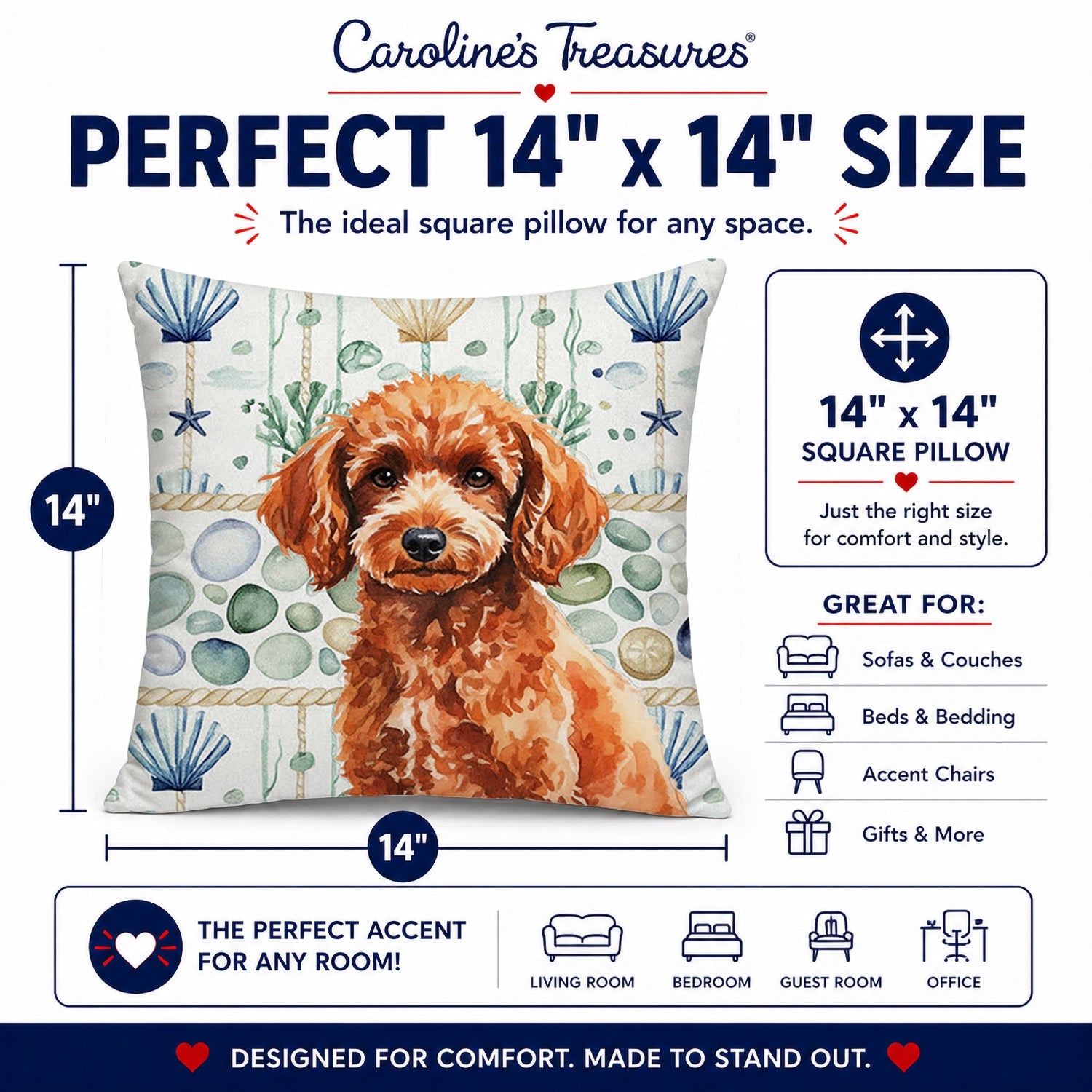 Toy Red Poodle Coastal Sea Glass Decorative Throw Pillow 14x14 Indoor Outdoor Accent Cushion, Fabric Cover with Insert for Sofa, Bed, Porch & Living Room