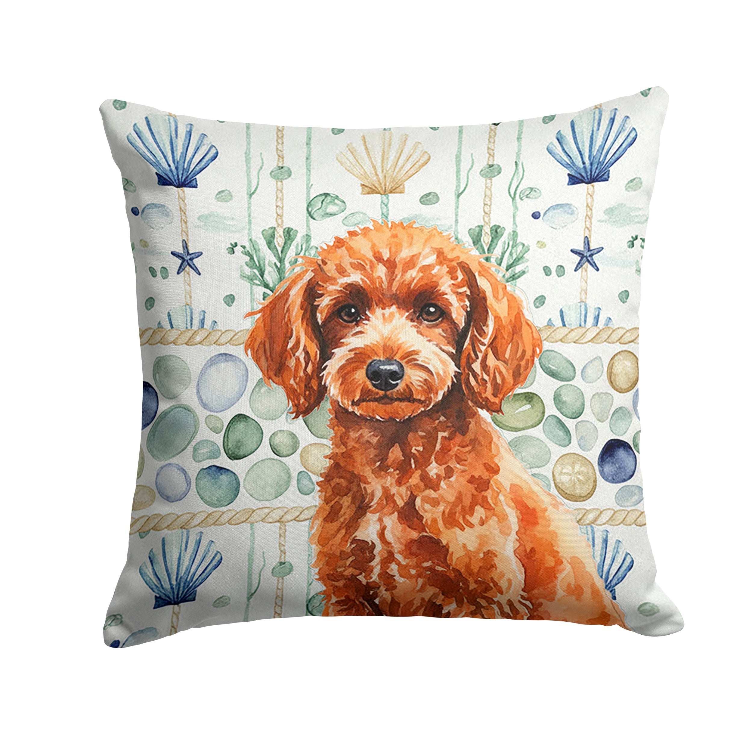 Toy Red Poodle Coastal Sea Glass Decorative Throw Pillow 14x14 Indoor Outdoor Accent Cushion, Fabric Cover with Insert for Sofa, Bed, Porch & Living Room
