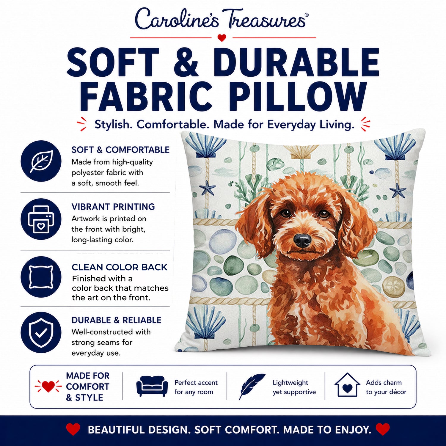 Toy Red Poodle Coastal Sea Glass Decorative Throw Pillow 18x18 Indoor Outdoor Accent Cushion, Fabric Cover with Insert for Sofa, Bed, Porch & Living Room