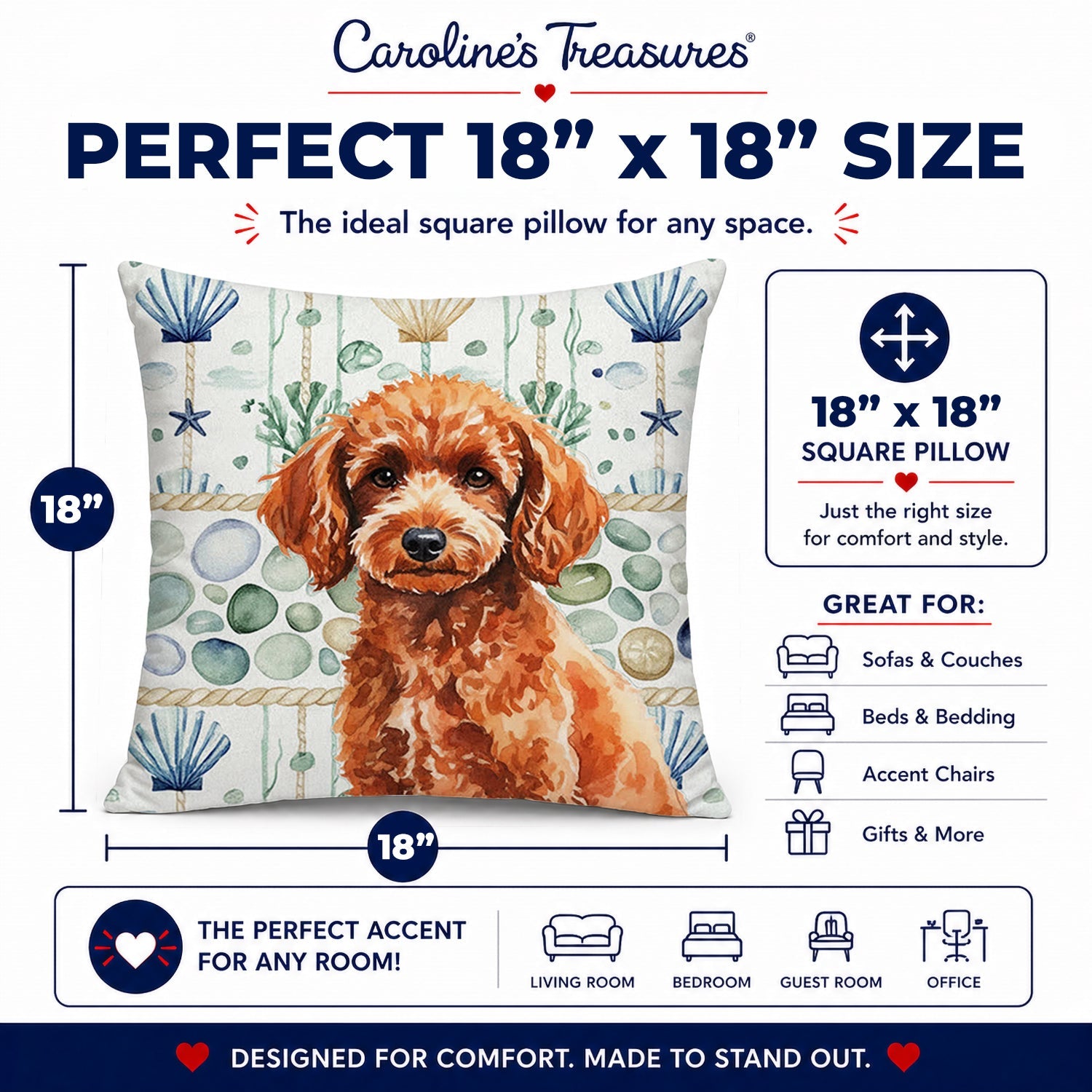 Toy Red Poodle Coastal Sea Glass Decorative Throw Pillow 18x18 Indoor Outdoor Accent Cushion, Fabric Cover with Insert for Sofa, Bed, Porch & Living Room
