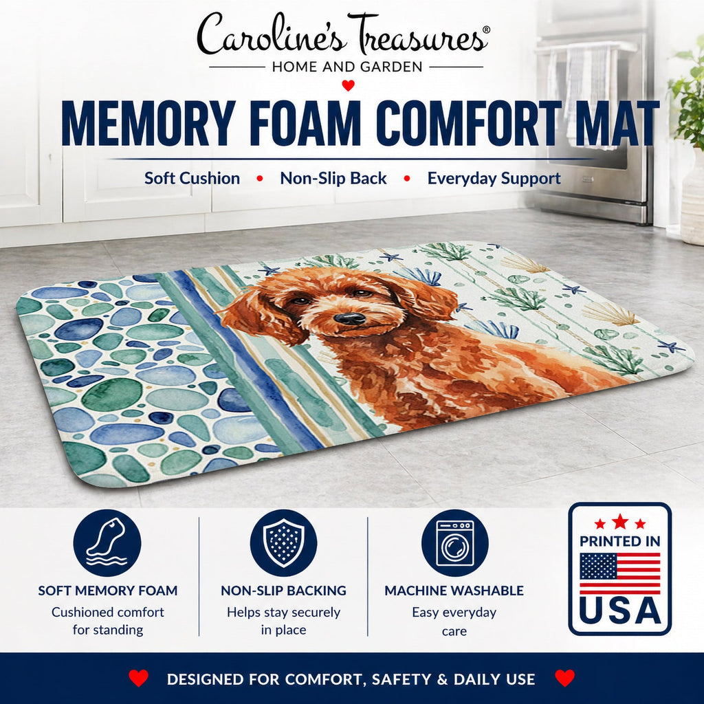 Toy Red Poodle Coastal Sea Glass Memory Foam Kitchen Mat Machine Washable Anti-Fatigue Cushion Comfort Bath or Kitchen Rug