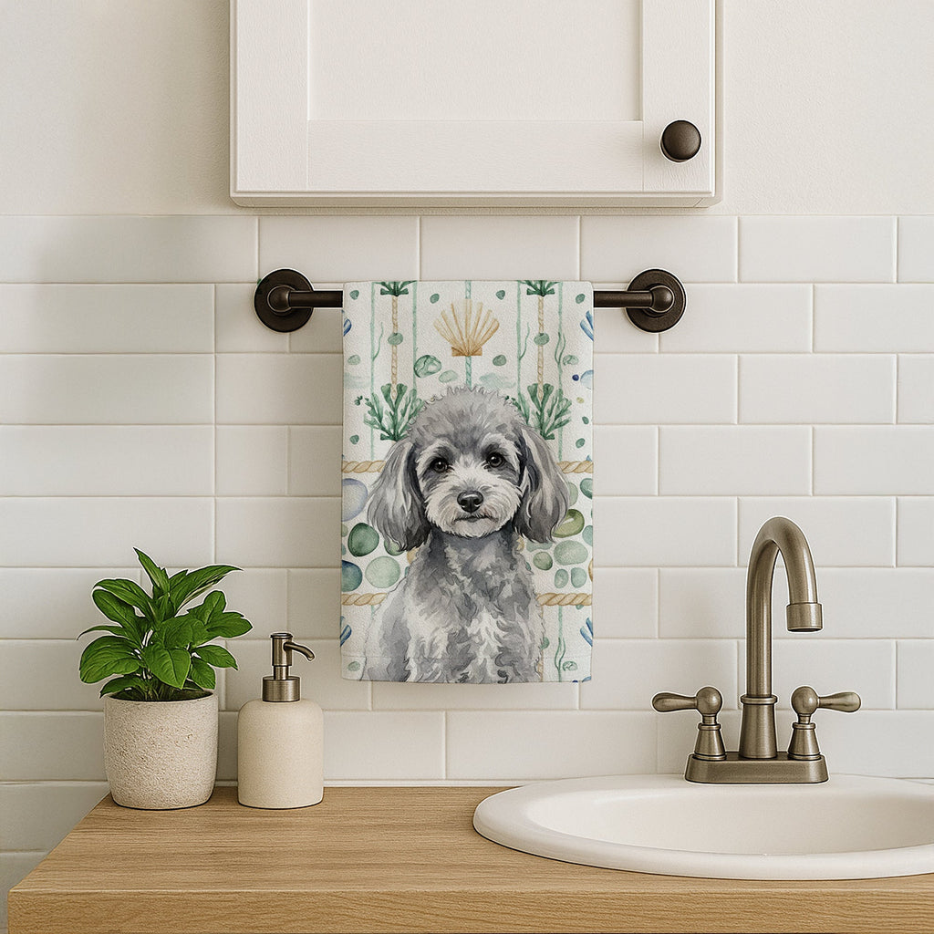 Toy Silver Poodle Coastal Sea Glass Kitchen Towel Velour Plush Front and Cotton Loop Back Machine Washable