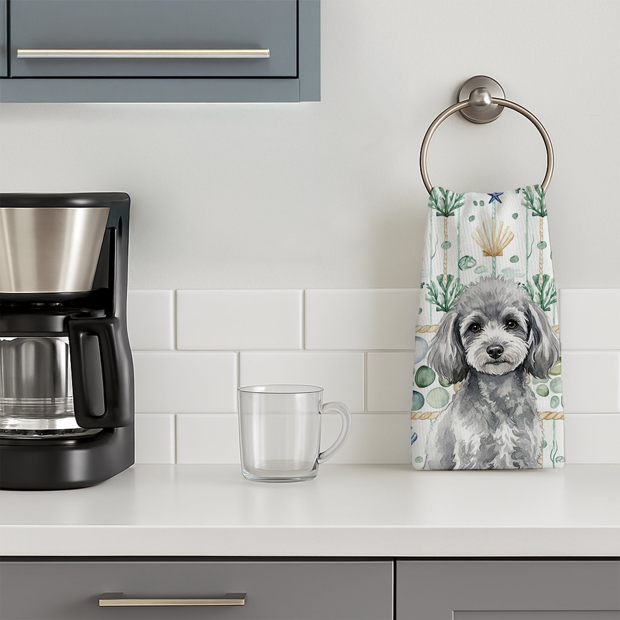 Toy Silver Poodle Coastal Sea Glass Kitchen Towel Velour Plush Front and Cotton Loop Back Machine Washable