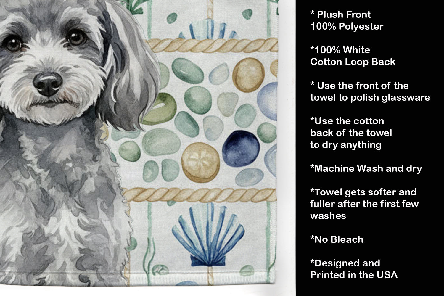 Toy Silver Poodle Coastal Sea Glass Kitchen Towel Velour Plush Front and Cotton Loop Back Machine Washable