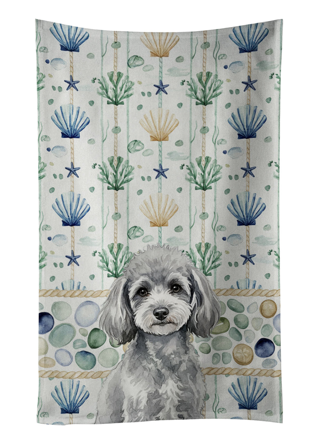 Toy Silver Poodle Coastal Sea Glass Kitchen Towel Velour Plush Front and Cotton Loop Back Machine Washable