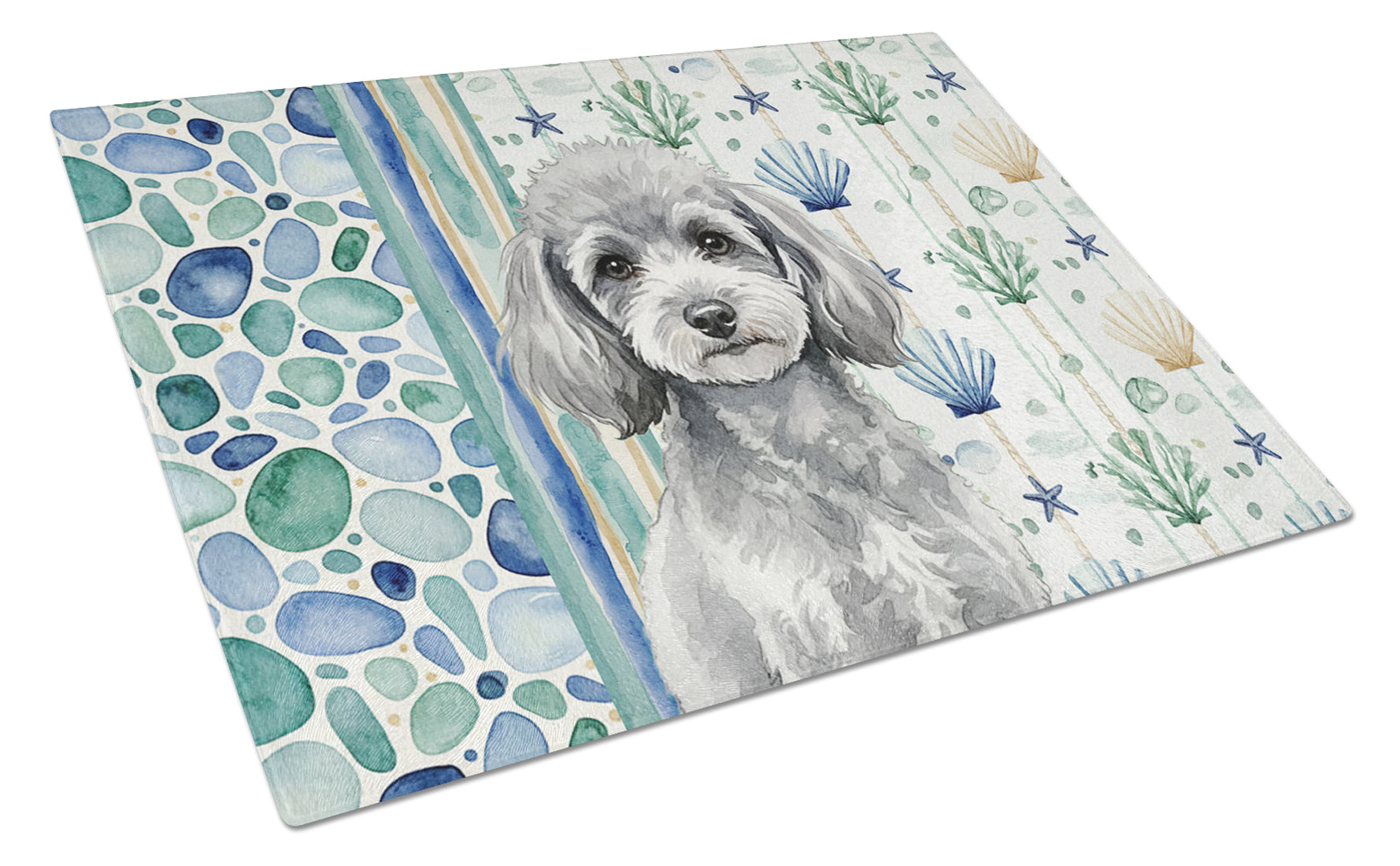 Toy Silver Poodle Coastal Sea Glass Cutting Board Tempered Glass Kitchen Cutting Surface, Heat Resistant Chopping, Non-Slip Feet, Food Prep & Serving