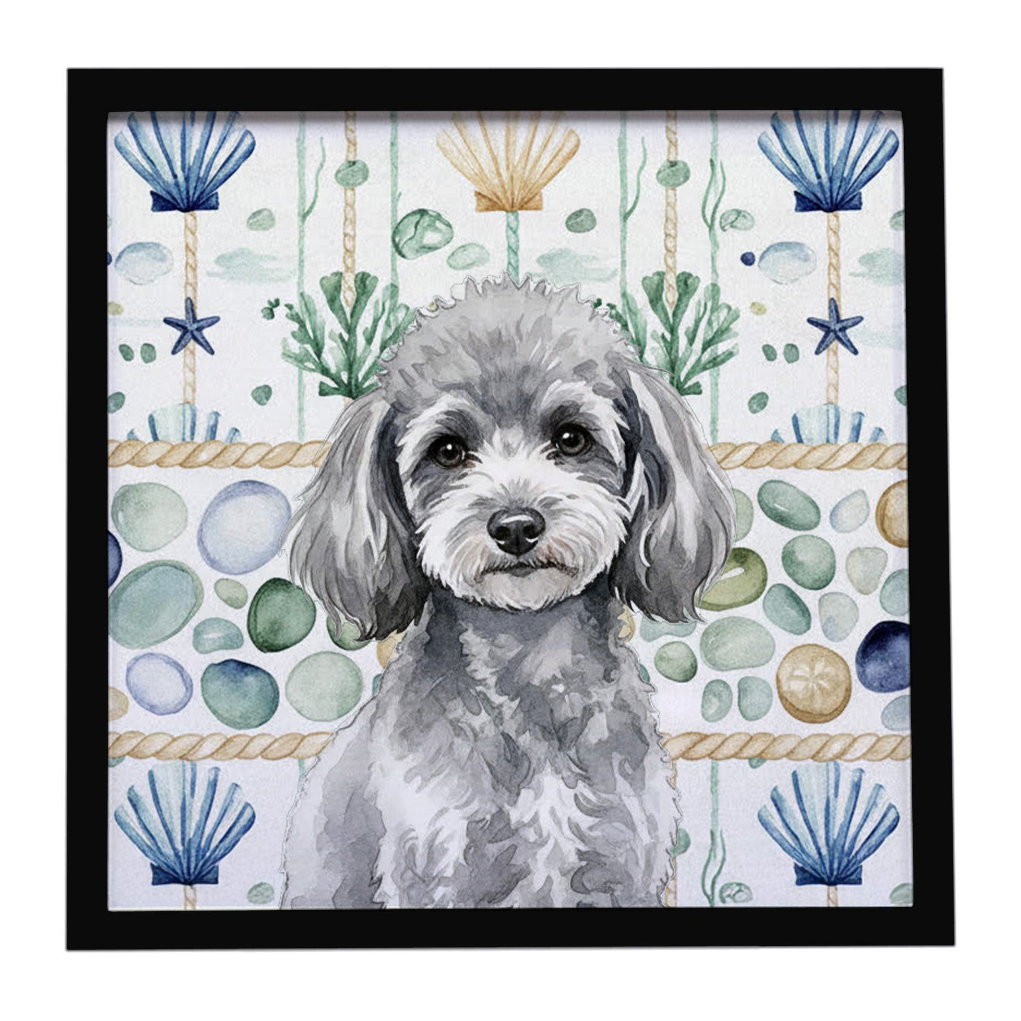 Toy Silver Poodle Coastal Sea Glass Framed Metal Print Bathroom, Kitchen, Office, Home Decor Wall Art Ready to Hang, Square, 8X8