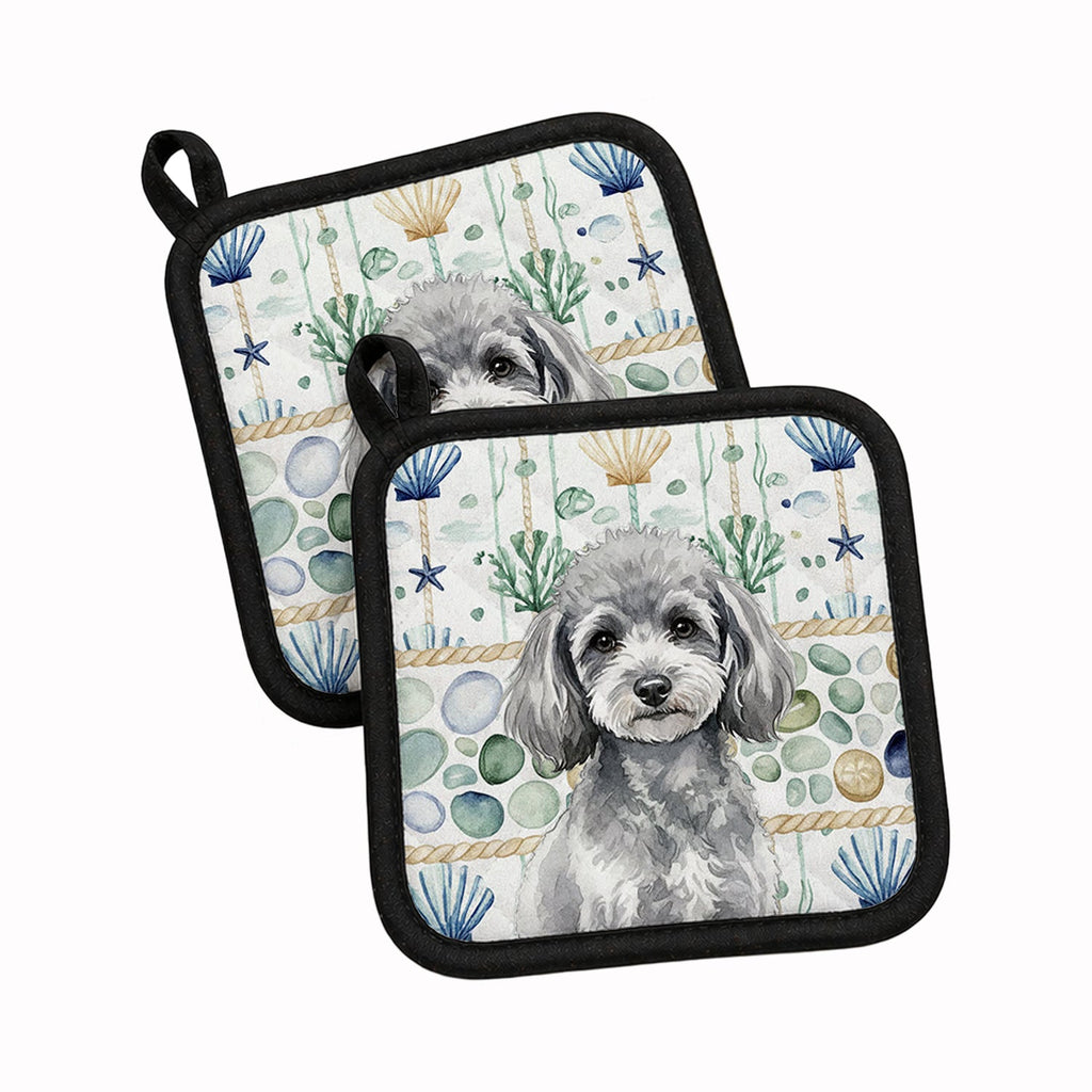Toy Silver Poodle Coastal Sea Glass Pot Holder Set of 2 Heat Resistant Quilted Hot Pads 7.5 x 7.5 Inch, Insulated Kitchen Trivets for Cooking & Baking
