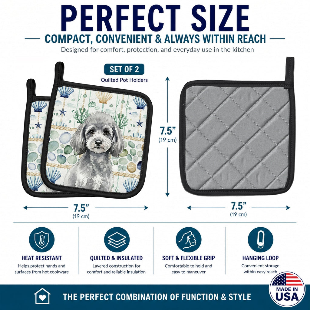 Toy Silver Poodle Coastal Sea Glass Pot Holder Set of 2 Heat Resistant Quilted Hot Pads 7.5 x 7.5 Inch, Insulated Kitchen Trivets for Cooking & Baking