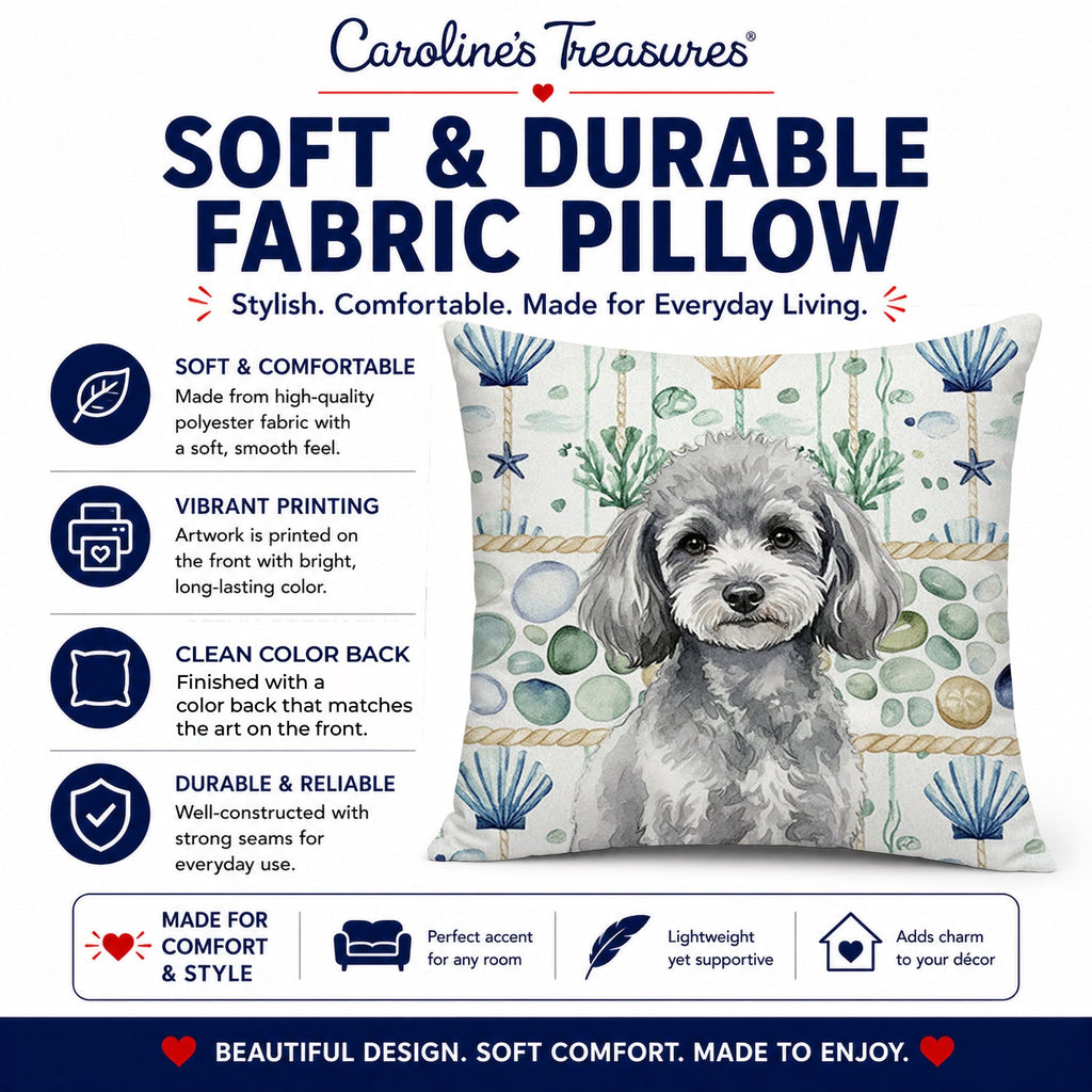 Toy Silver Poodle Coastal Sea Glass Decorative Throw Pillow 18x18 Indoor Outdoor Accent Cushion, Fabric Cover with Insert for Sofa, Bed, Porch & Living Room