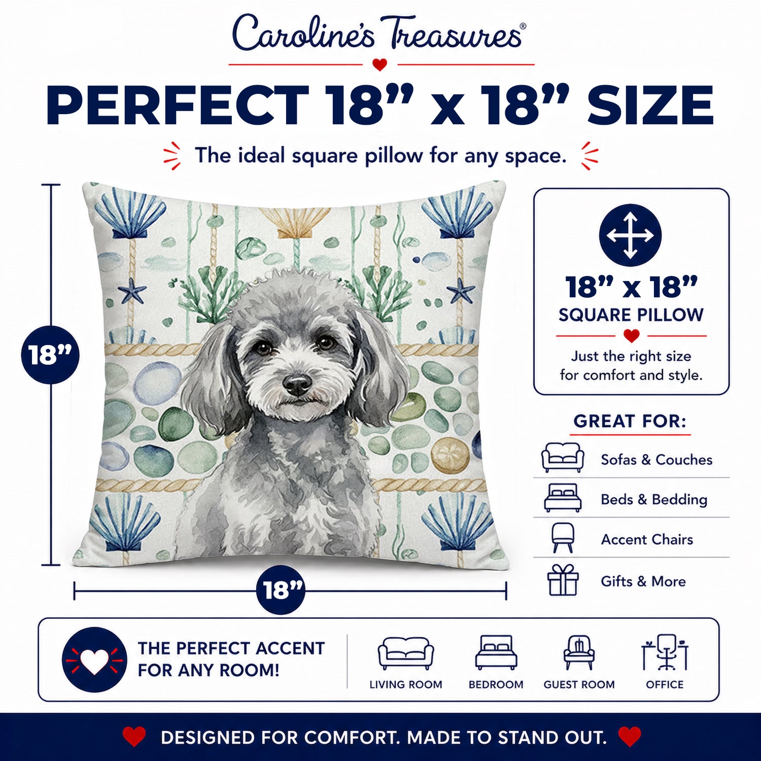 Toy Silver Poodle Coastal Sea Glass Decorative Throw Pillow 18x18 Indoor Outdoor Accent Cushion, Fabric Cover with Insert for Sofa, Bed, Porch & Living Room