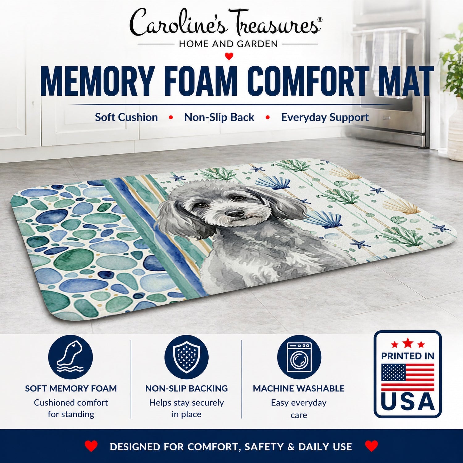 Toy Silver Poodle Coastal Sea Glass Memory Foam Kitchen Mat Machine Washable Anti-Fatigue Cushion Comfort Bath or Kitchen Rug