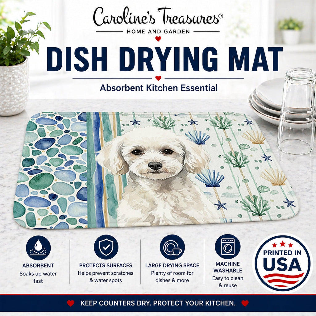 Toy White Poodle Coastal Sea Glass Dish Drying Mat Absorbent Dish Drying Mat Pad for Kitchen Counter Dish Drainer Mat for Countertop, 14 x 21", Multicolor