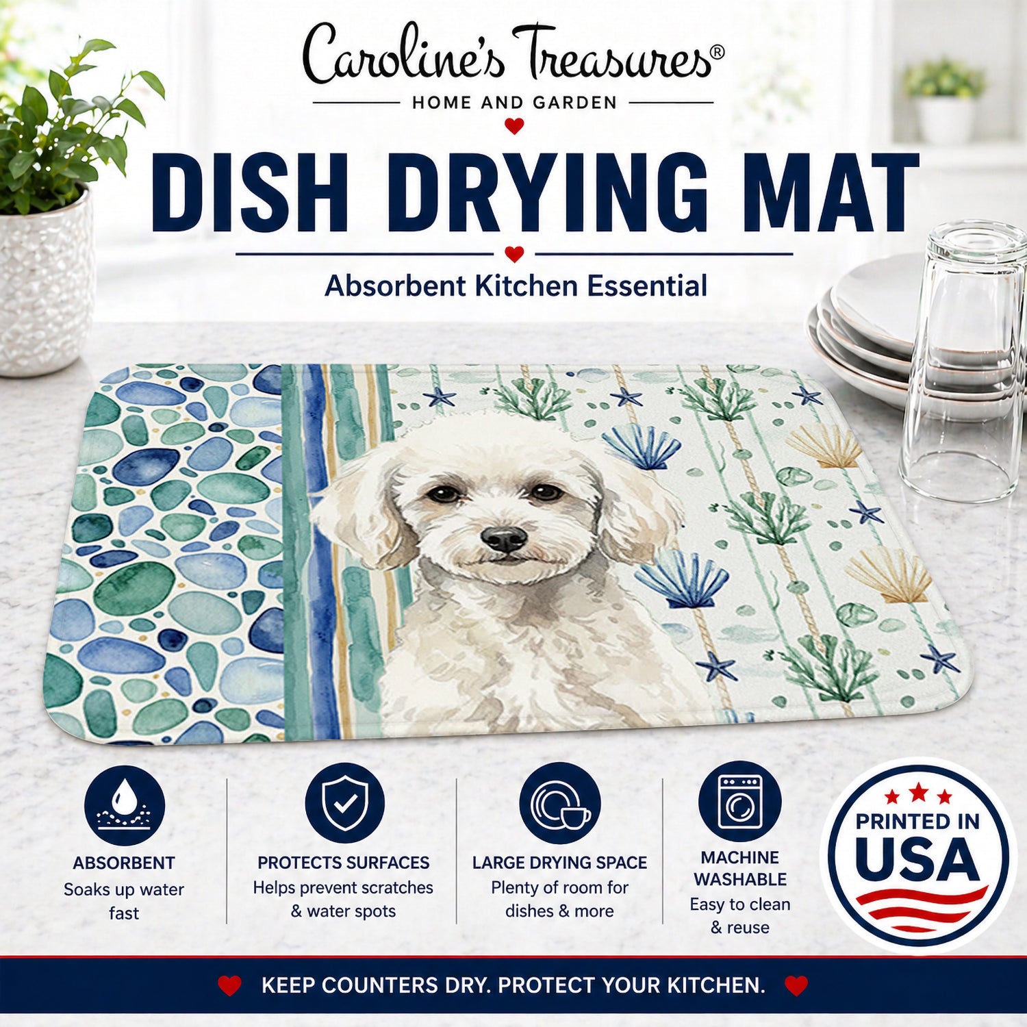 Toy White Poodle Coastal Sea Glass Dish Drying Mat Absorbent Dish Drying Mat Pad for Kitchen Counter Dish Drainer Mat for Countertop, 14 x 21", Multicolor