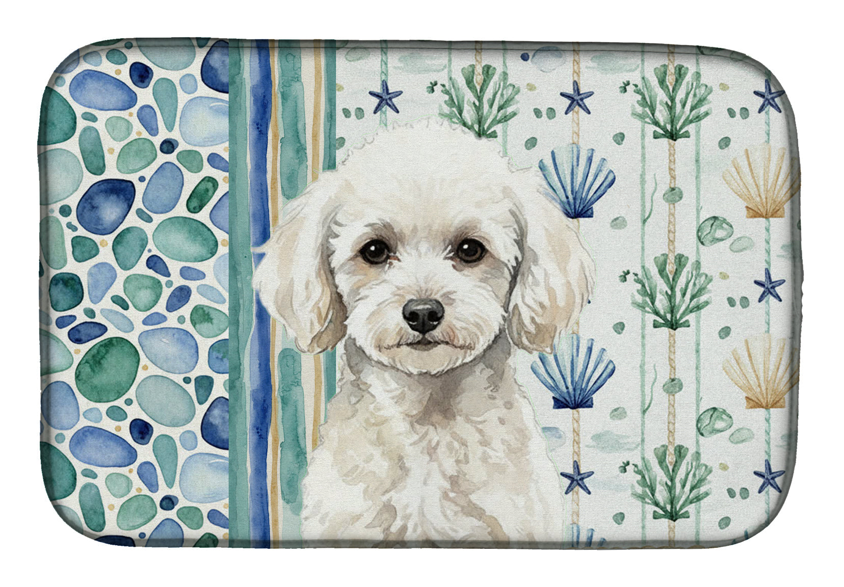 Toy White Poodle Coastal Sea Glass Dish Drying Mat Absorbent Dish Drying Mat Pad for Kitchen Counter Dish Drainer Mat for Countertop, 14 x 21", Multicolor