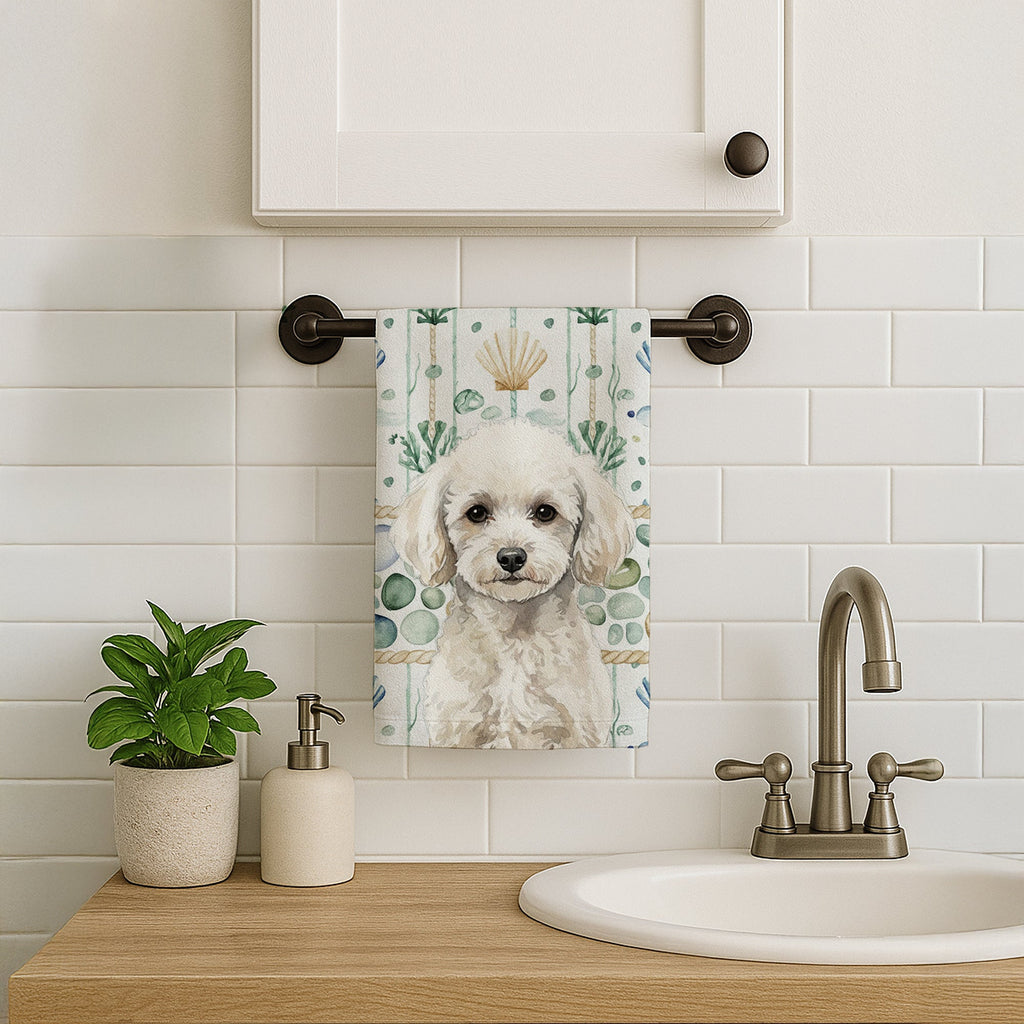 Toy White Poodle Coastal Sea Glass Kitchen Towel Velour Plush Front and Cotton Loop Back Machine Washable