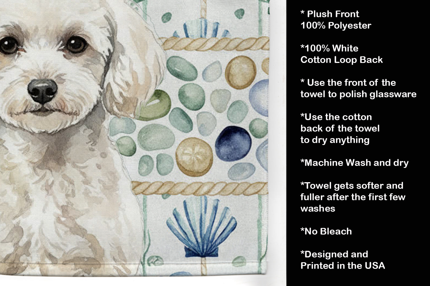 Toy White Poodle Coastal Sea Glass Kitchen Towel Velour Plush Front and Cotton Loop Back Machine Washable