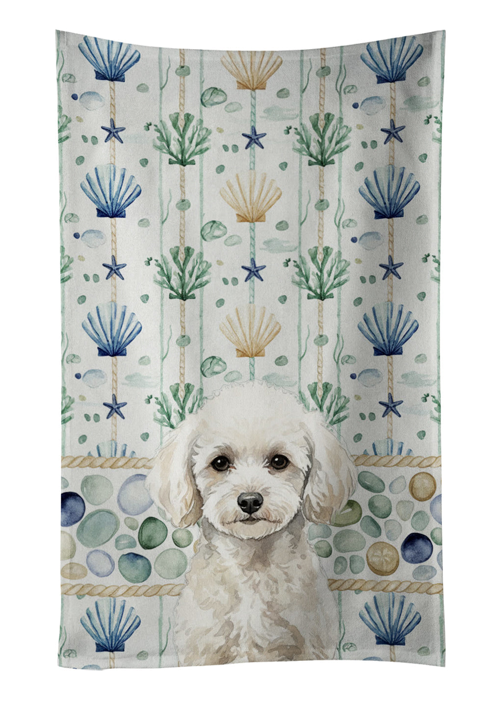 Toy White Poodle Coastal Sea Glass Kitchen Towel Velour Plush Front and Cotton Loop Back Machine Washable