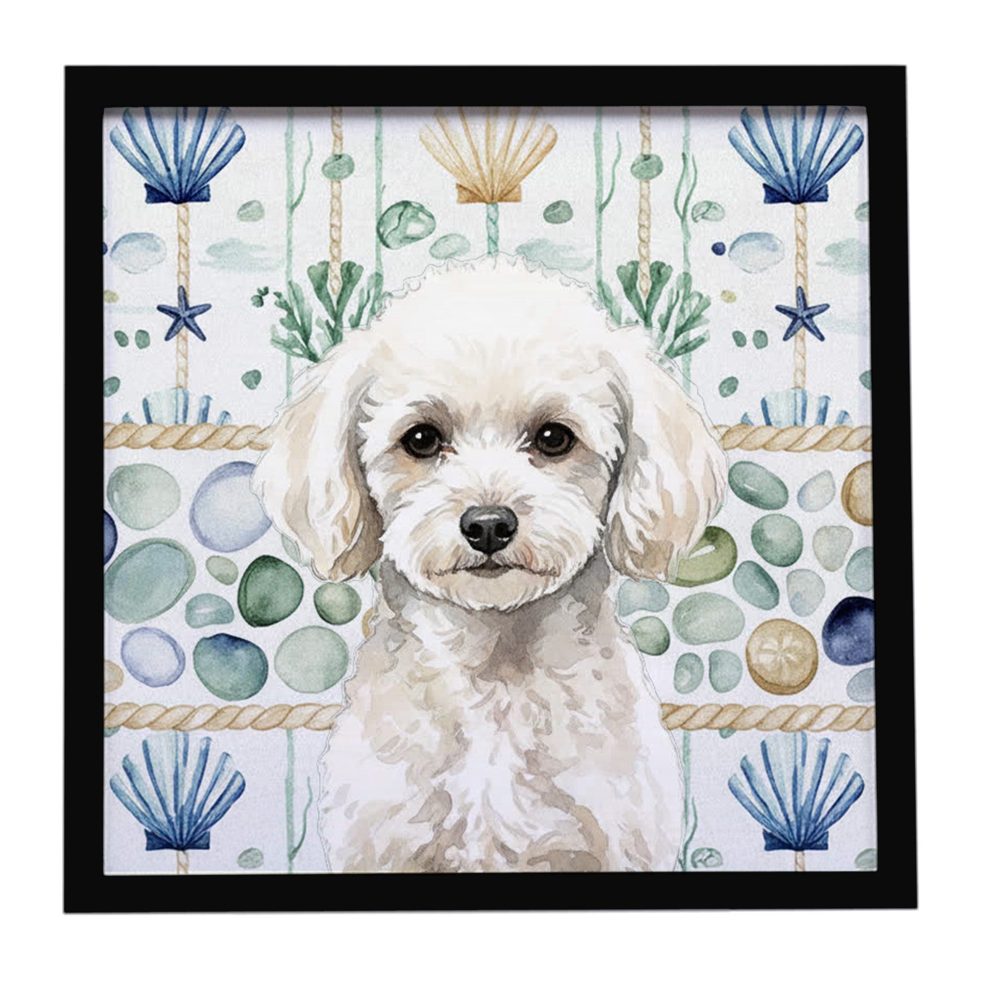 Toy White Poodle Coastal Sea Glass Framed Metal Print Bathroom, Kitchen, Office, Home Decor Wall Art Ready to Hang, Square, 8X8