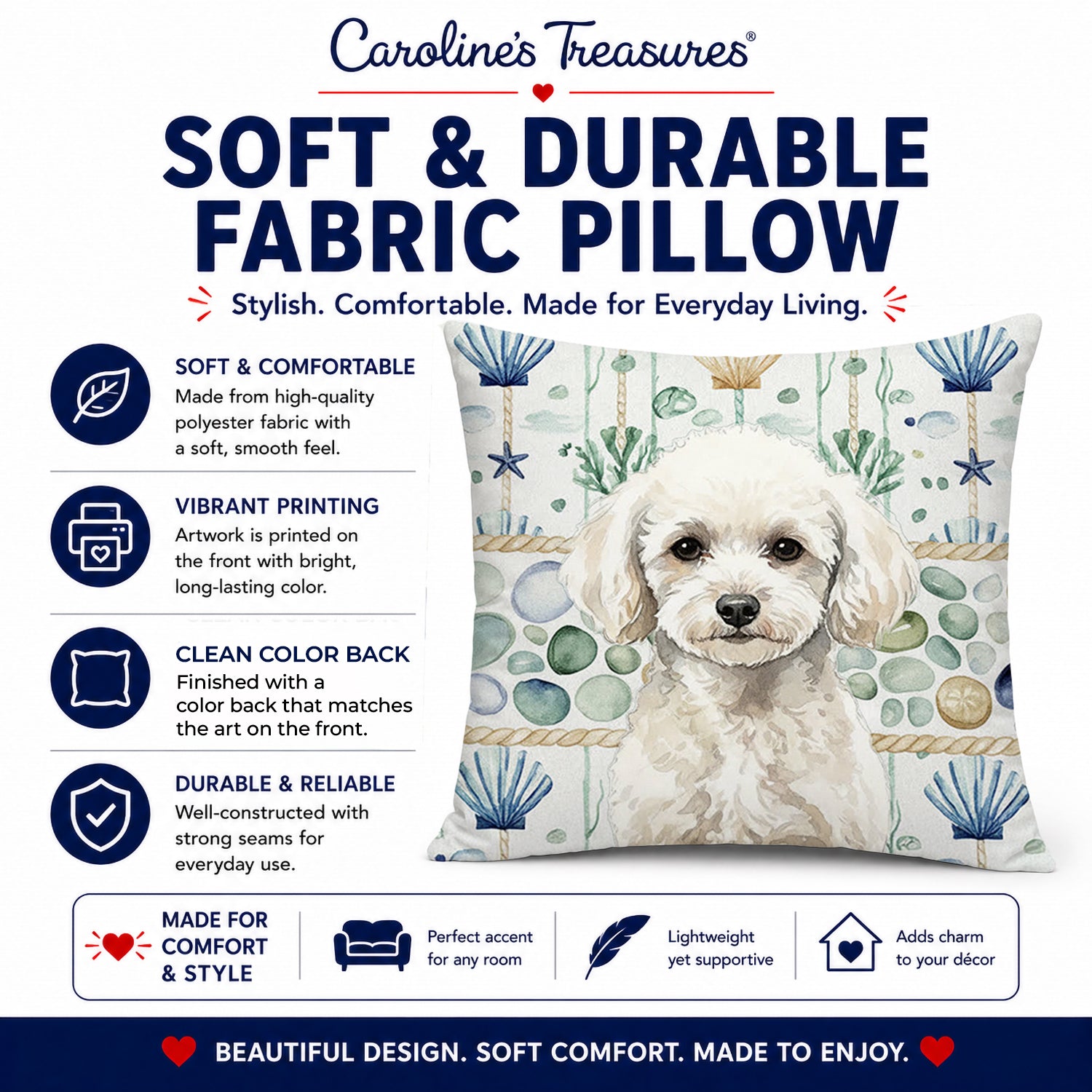 Toy White Poodle Coastal Sea Glass Decorative Throw Pillow 18x18 Indoor Outdoor Accent Cushion, Fabric Cover with Insert for Sofa, Bed, Porch & Living Room