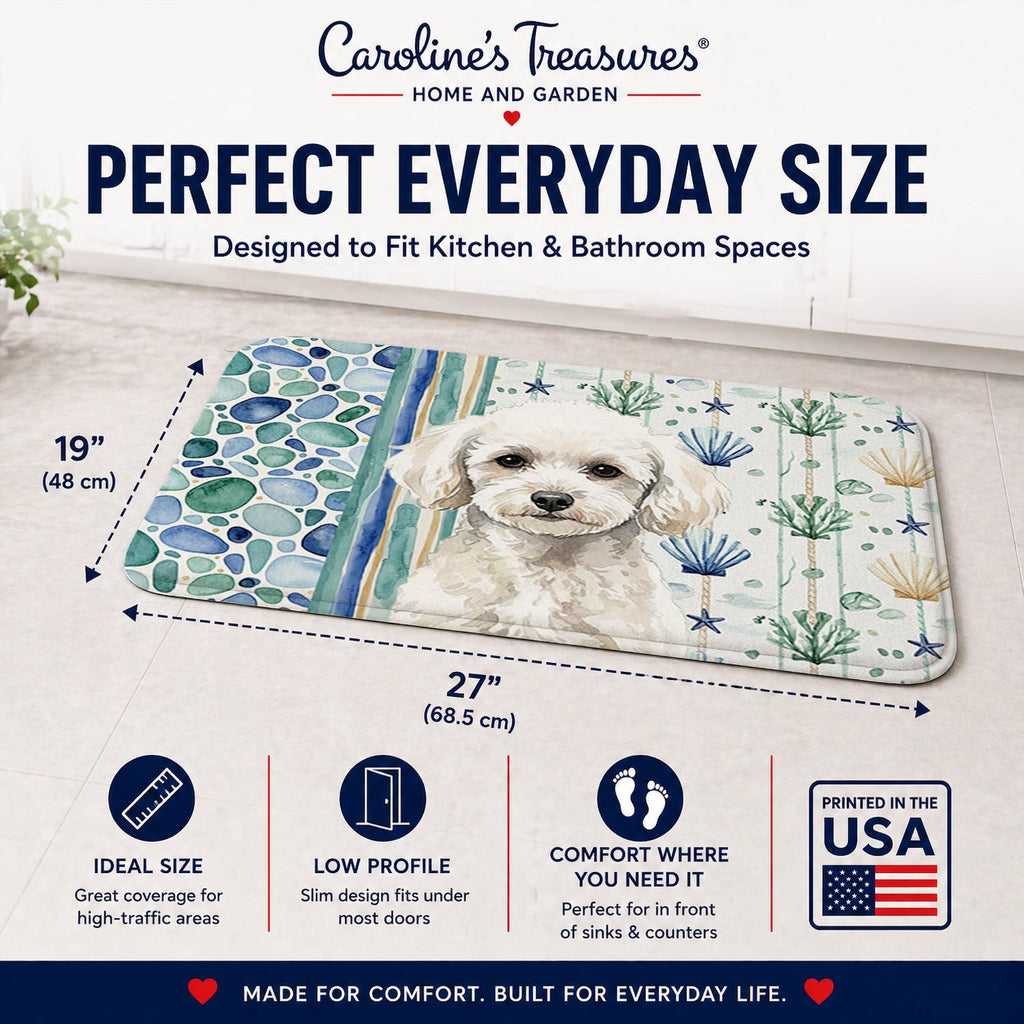 Toy White Poodle Coastal Sea Glass Memory Foam Kitchen Mat Machine Washable Anti-Fatigue Cushion Comfort Bath or Kitchen Rug