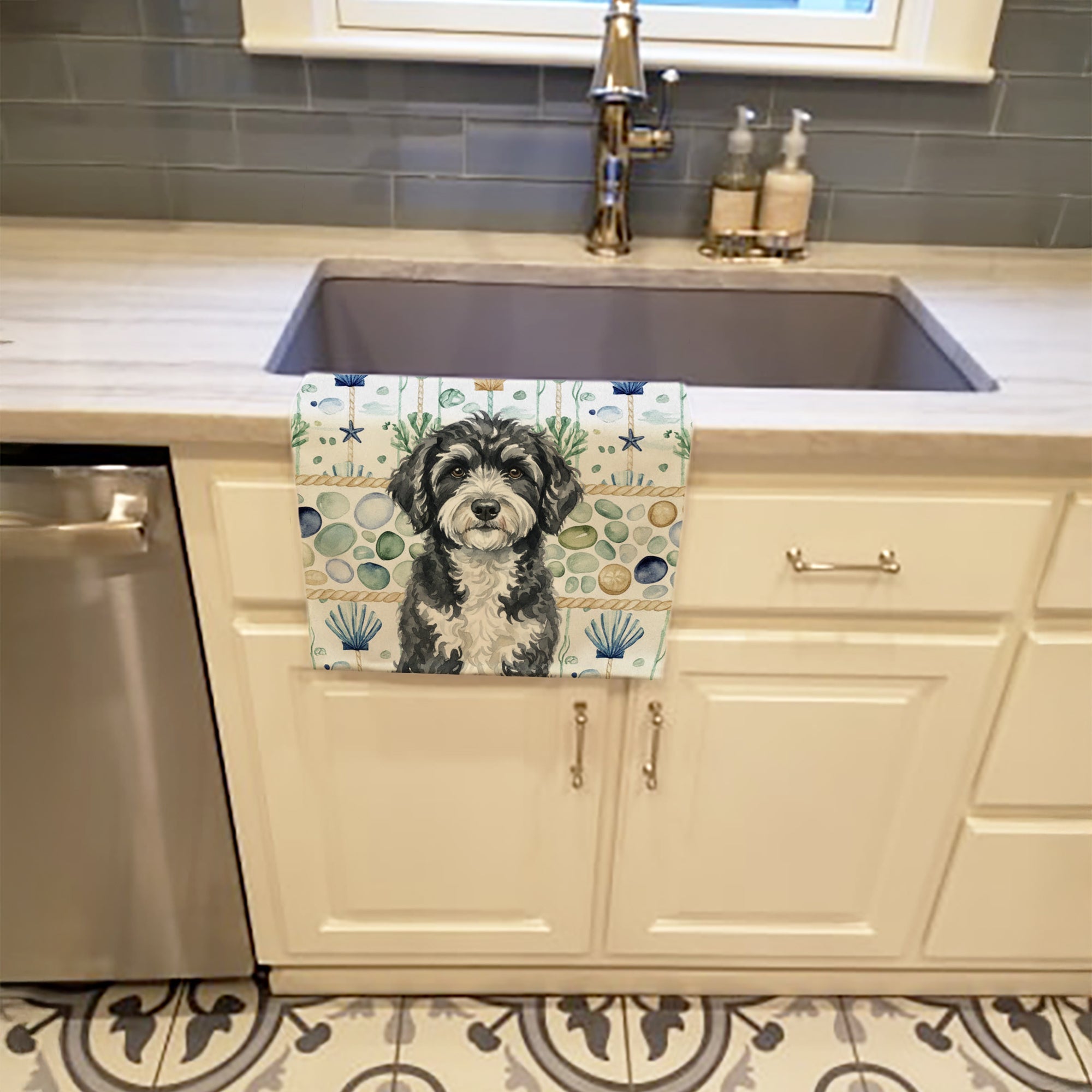 Portuguese Water Dog Coastal Sea Glass Kitchen Towel Velour Plush Front and Cotton Loop Back Machine Washable