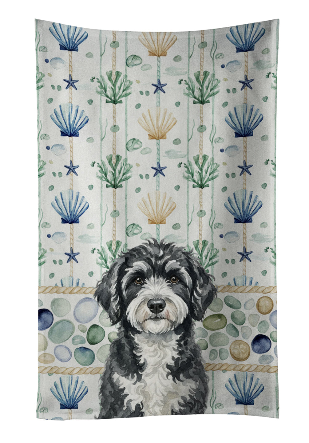 Portuguese Water Dog Coastal Sea Glass Kitchen Towel Velour Plush Front and Cotton Loop Back Machine Washable