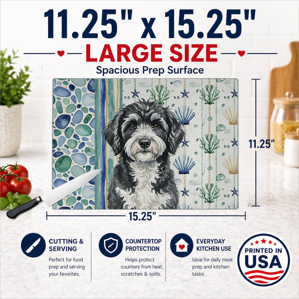 Portuguese Water Dog Coastal Sea Glass Cutting Board Tempered Glass Kitchen Cutting Surface, Heat Resistant Chopping, Non-Slip Feet, Food Prep & Serving