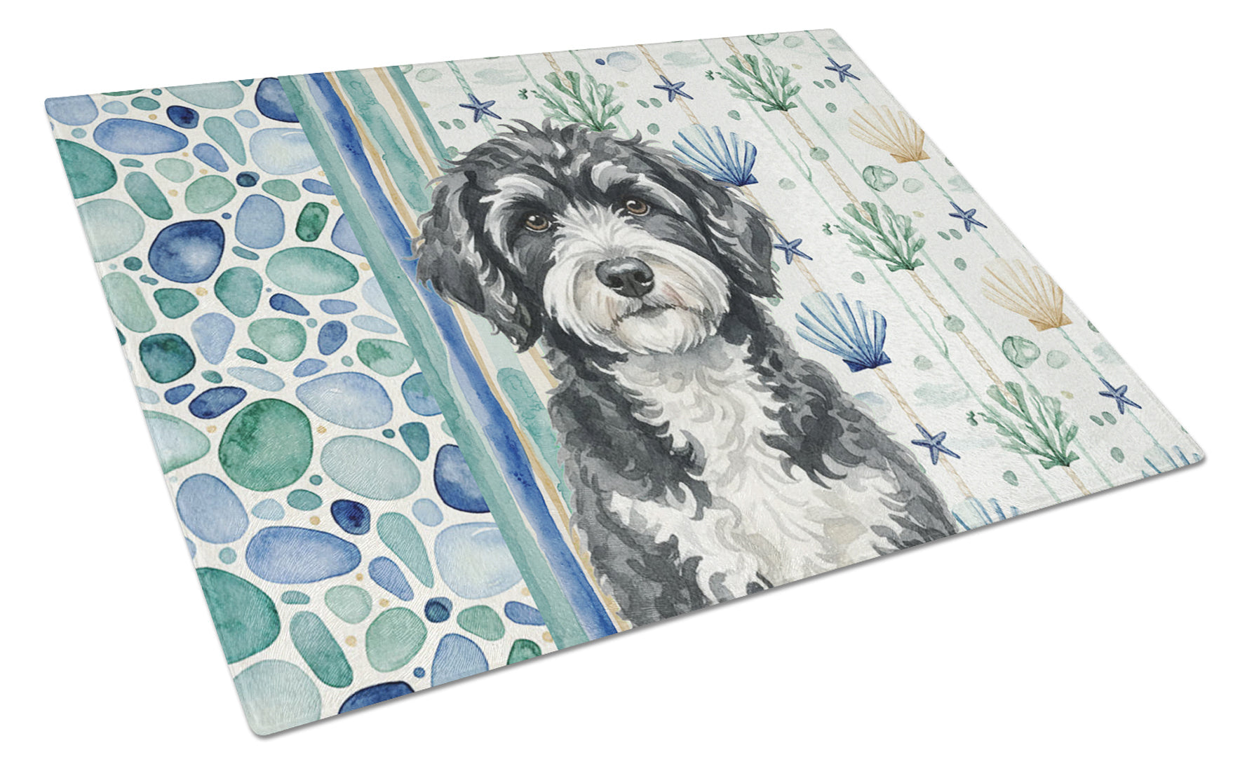 Portuguese Water Dog Coastal Sea Glass Cutting Board Tempered Glass Kitchen Cutting Surface, Heat Resistant Chopping, Non-Slip Feet, Food Prep & Serving