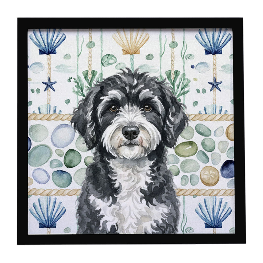 Portuguese Water Dog Coastal Sea Glass Framed Metal Print Bathroom, Kitchen, Office, Home Decor Wall Art Ready to Hang, Square, 8X8