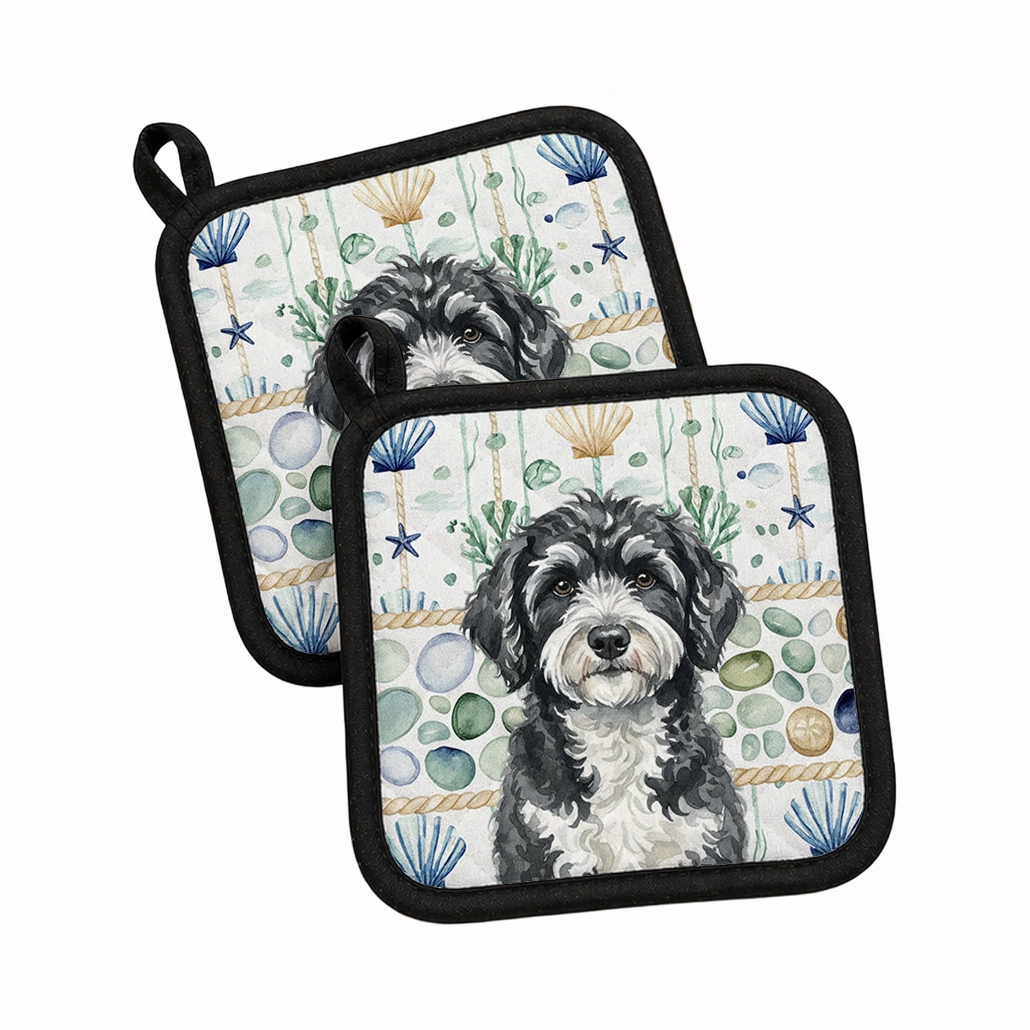 Portuguese Water Dog Coastal Sea Glass Pot Holder Set of 2 Heat Resistant Quilted Hot Pads 7.5 x 7.5 Inch, Insulated Kitchen Trivets for Cooking & Baking
