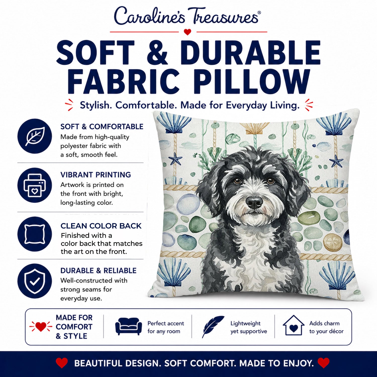 Portuguese Water Dog Coastal Sea Glass Decorative Throw Pillow 14x14 Indoor Outdoor Accent Cushion, Fabric Cover with Insert for Sofa, Bed, Porch & Living Room