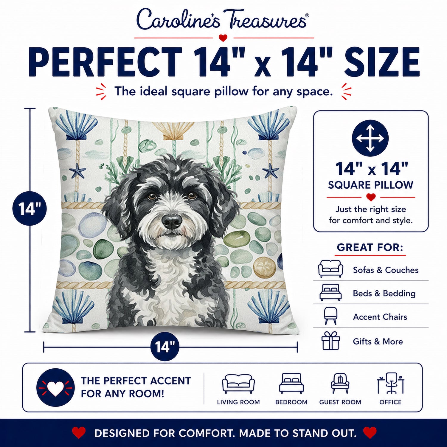 Portuguese Water Dog Coastal Sea Glass Decorative Throw Pillow 14x14 Indoor Outdoor Accent Cushion, Fabric Cover with Insert for Sofa, Bed, Porch & Living Room