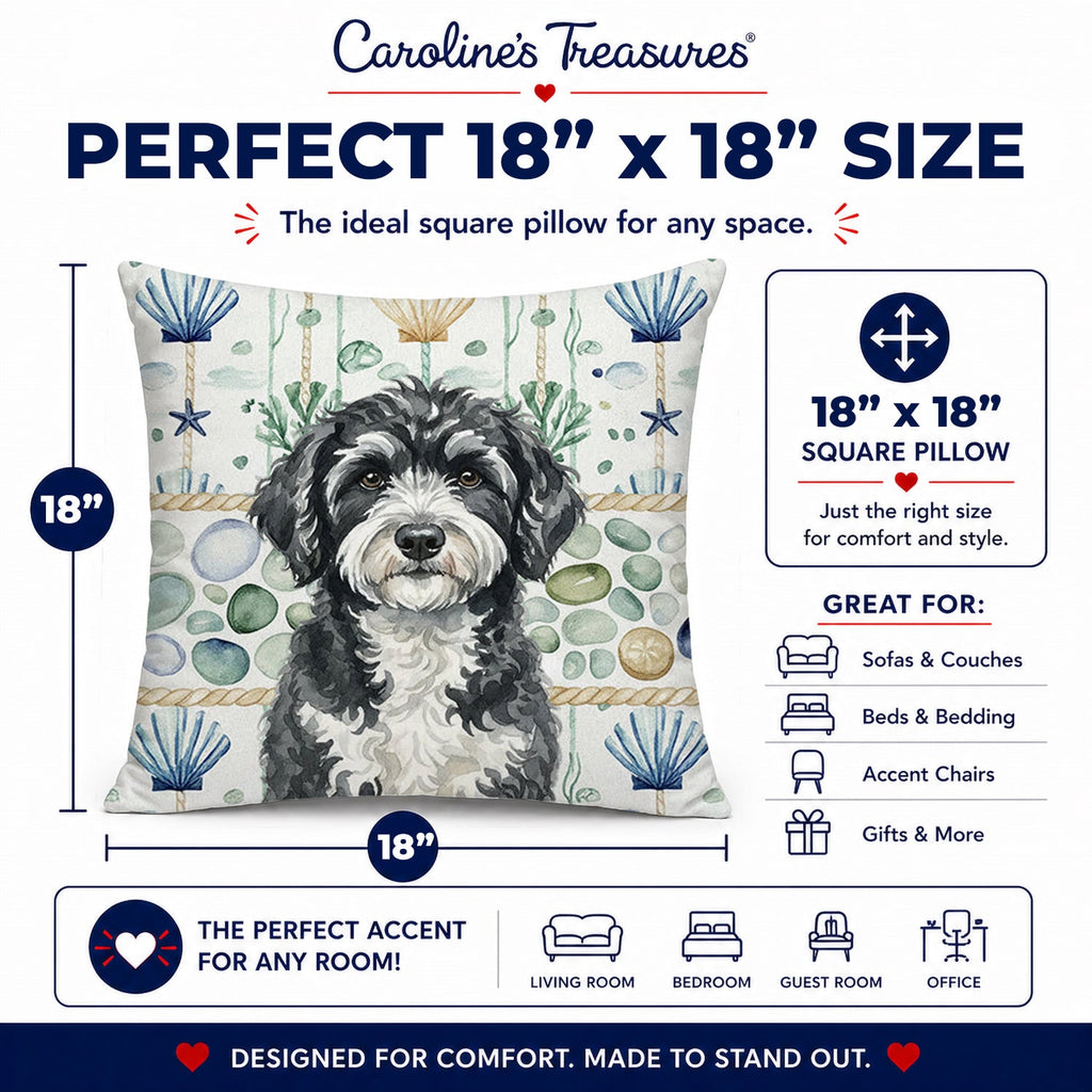 Portuguese Water Dog Coastal Sea Glass Decorative Throw Pillow 18x18 Indoor Outdoor Accent Cushion, Fabric Cover with Insert for Sofa, Bed, Porch & Living Room