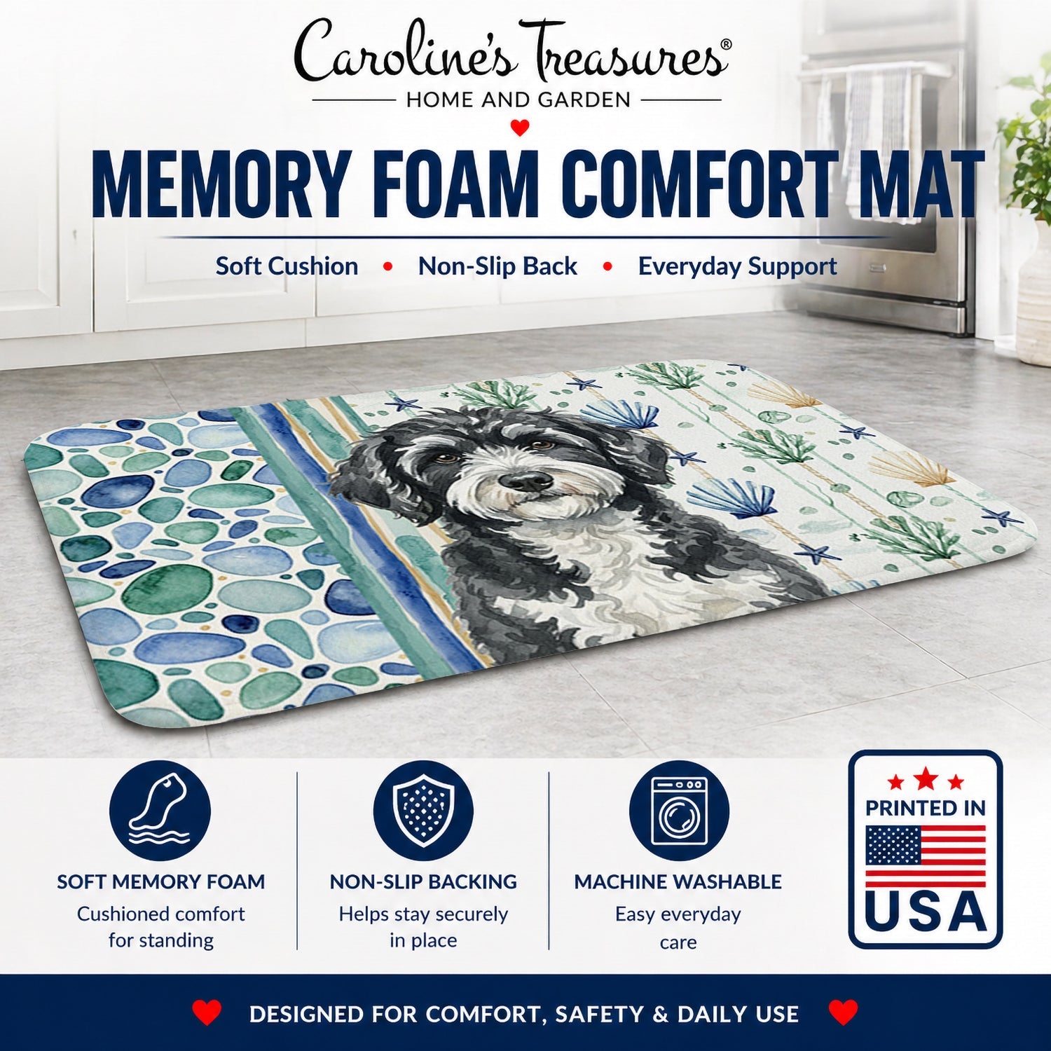 Portuguese Water Dog Coastal Sea Glass Memory Foam Kitchen Mat Machine Washable Anti-Fatigue Cushion Comfort Bath or Kitchen Rug