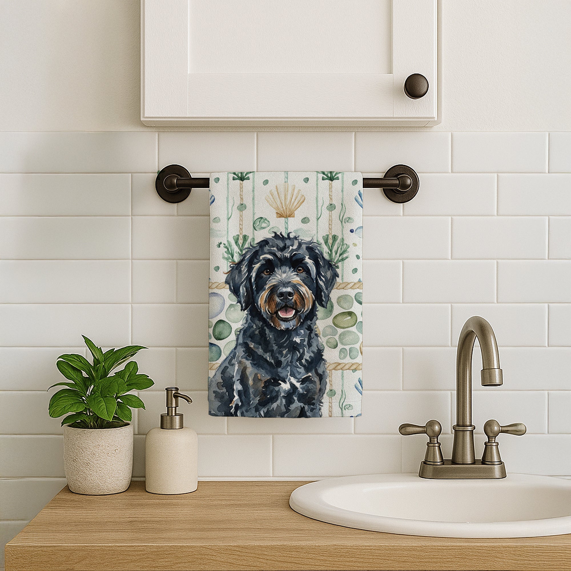 Black Portuguese Water Dog Coastal Sea Glass Kitchen Towel Velour Plush Front and Cotton Loop Back Machine Washable