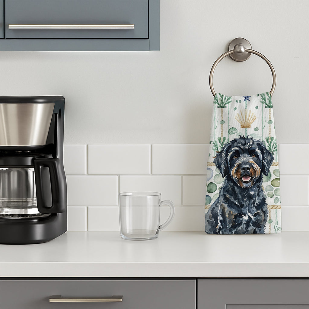 Black Portuguese Water Dog Coastal Sea Glass Kitchen Towel Velour Plush Front and Cotton Loop Back Machine Washable