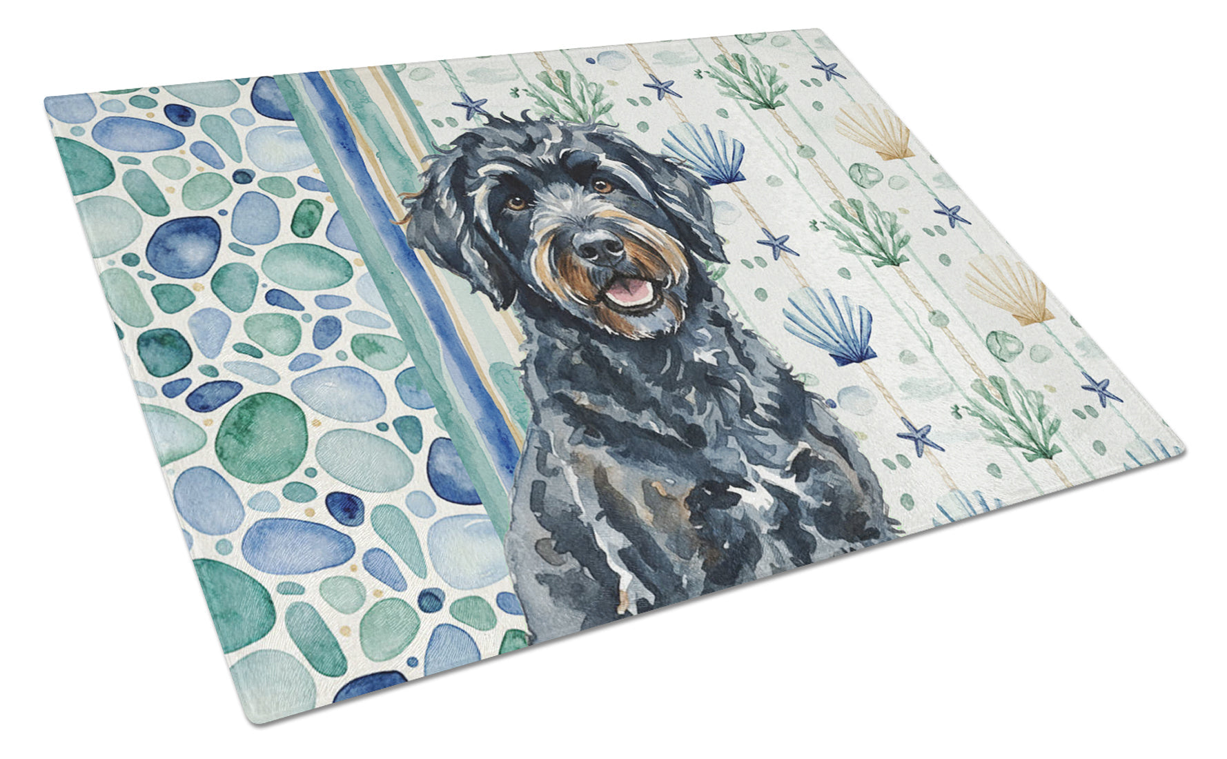 Black Portuguese Water Dog Coastal Sea Glass Cutting Board Tempered Glass Kitchen Cutting Surface, Heat Resistant Chopping, Non-Slip Feet, Food Prep & Serving
