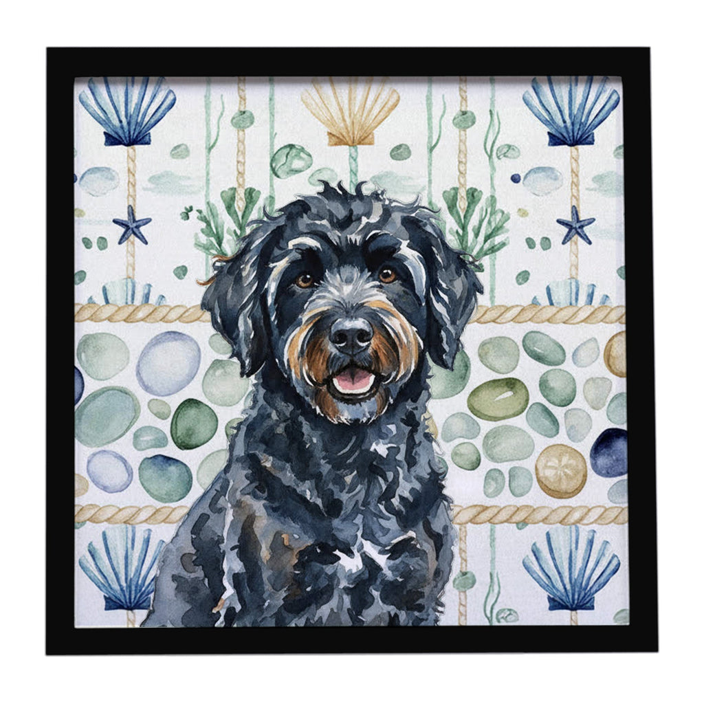 Black Portuguese Water Dog Coastal Sea Glass Framed Metal Print Bathroom, Kitchen, Office, Home Decor Wall Art Ready to Hang, Square, 8X8