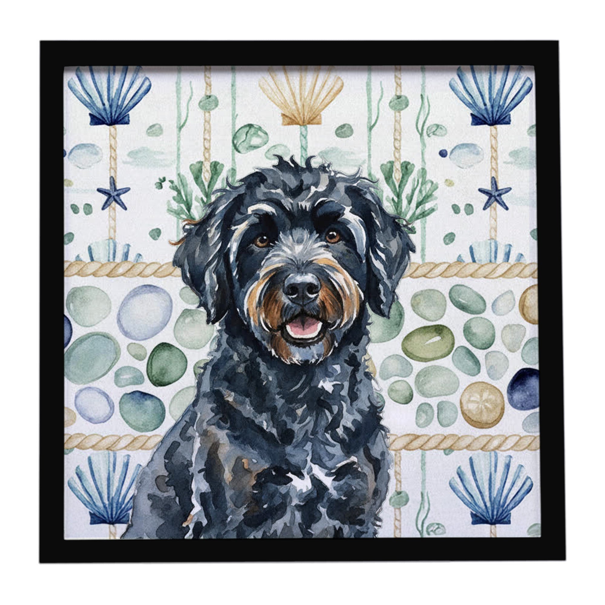 Black Portuguese Water Dog Coastal Sea Glass Framed Metal Print Bathroom, Kitchen, Office, Home Decor Wall Art Ready to Hang, Square, 8X8