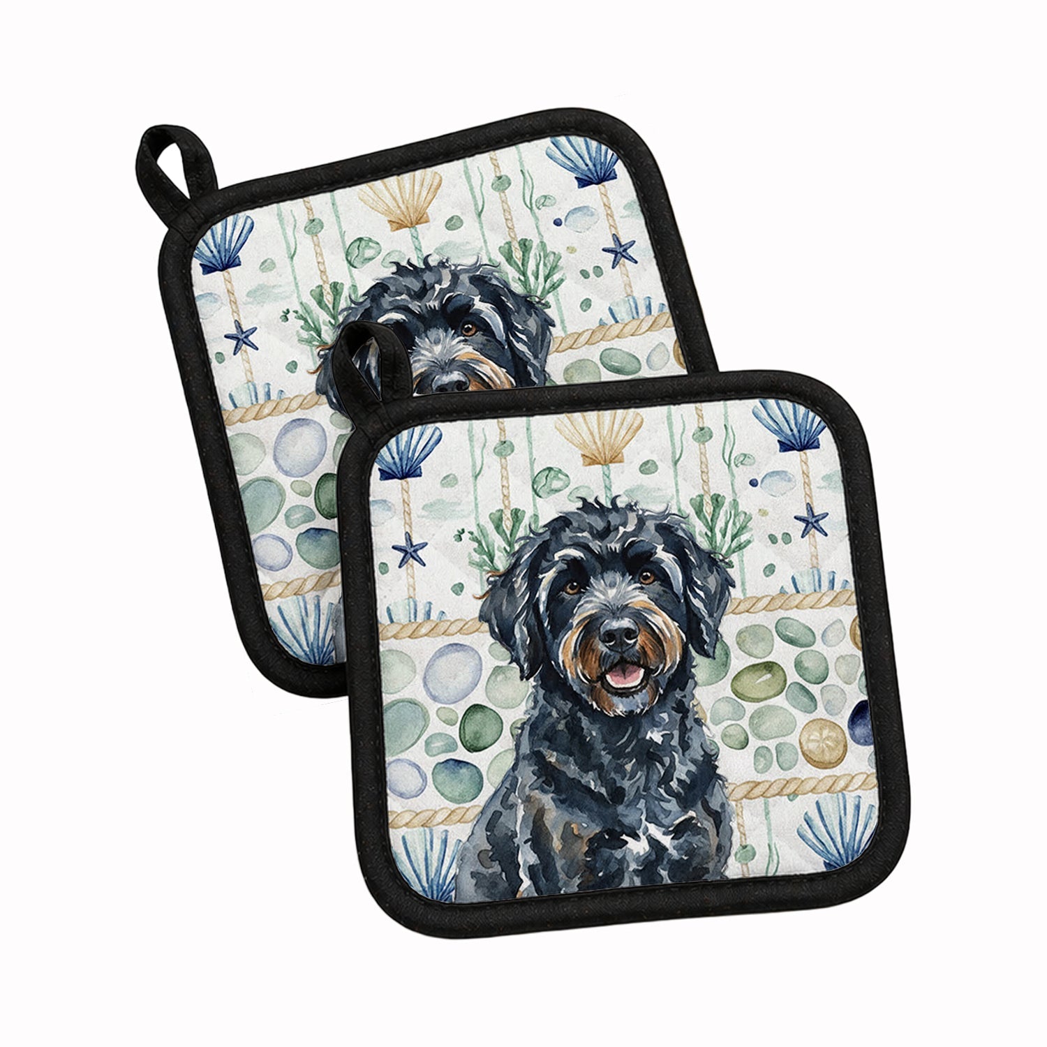 Black Portuguese Water Dog Coastal Sea Glass Pot Holder Set of 2 Heat Resistant Quilted Hot Pads 7.5 x 7.5 Inch, Insulated Kitchen Trivets for Cooking & Baking