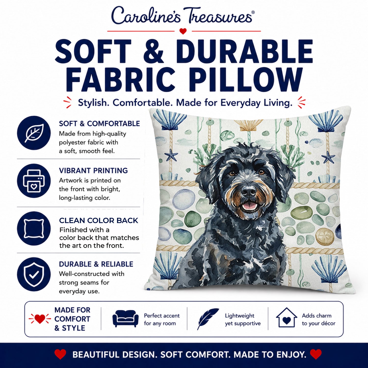 Black Portuguese Water Dog Coastal Sea Glass Decorative Throw Pillow 14x14 Indoor Outdoor Accent Cushion, Fabric Cover with Insert for Sofa, Bed, Porch & Living Room