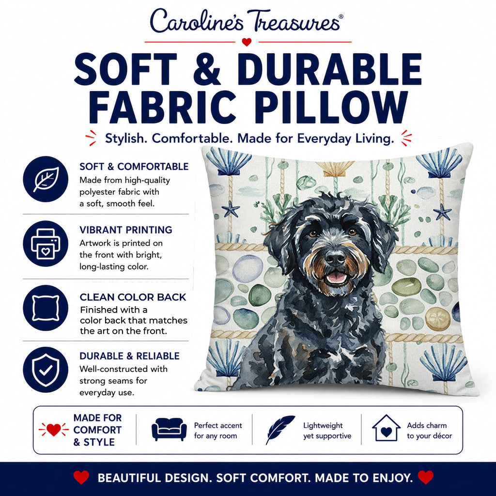 Black Portuguese Water Dog Coastal Sea Glass Decorative Throw Pillow 18x18 Indoor Outdoor Accent Cushion, Fabric Cover with Insert for Sofa, Bed, Porch & Living Room