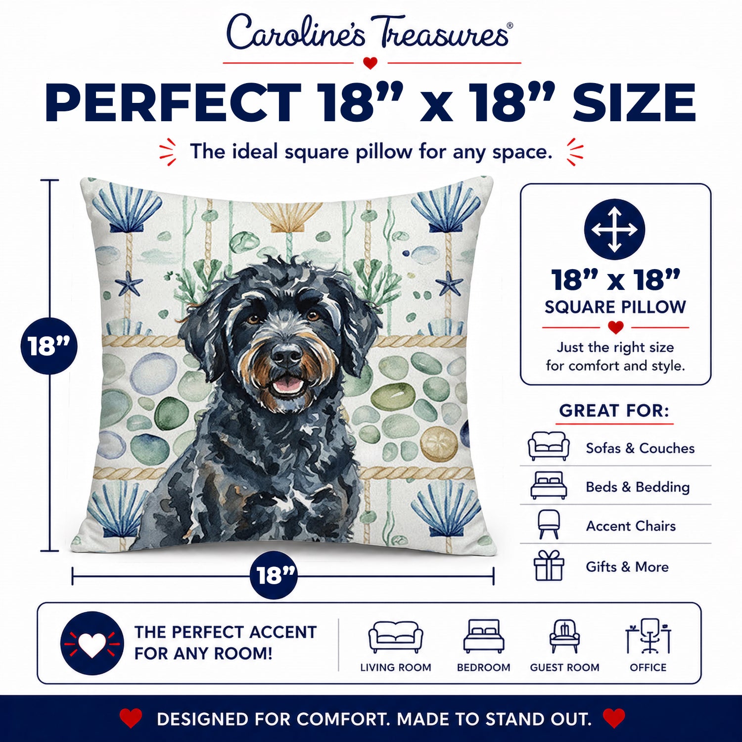Black Portuguese Water Dog Coastal Sea Glass Decorative Throw Pillow 18x18 Indoor Outdoor Accent Cushion, Fabric Cover with Insert for Sofa, Bed, Porch & Living Room