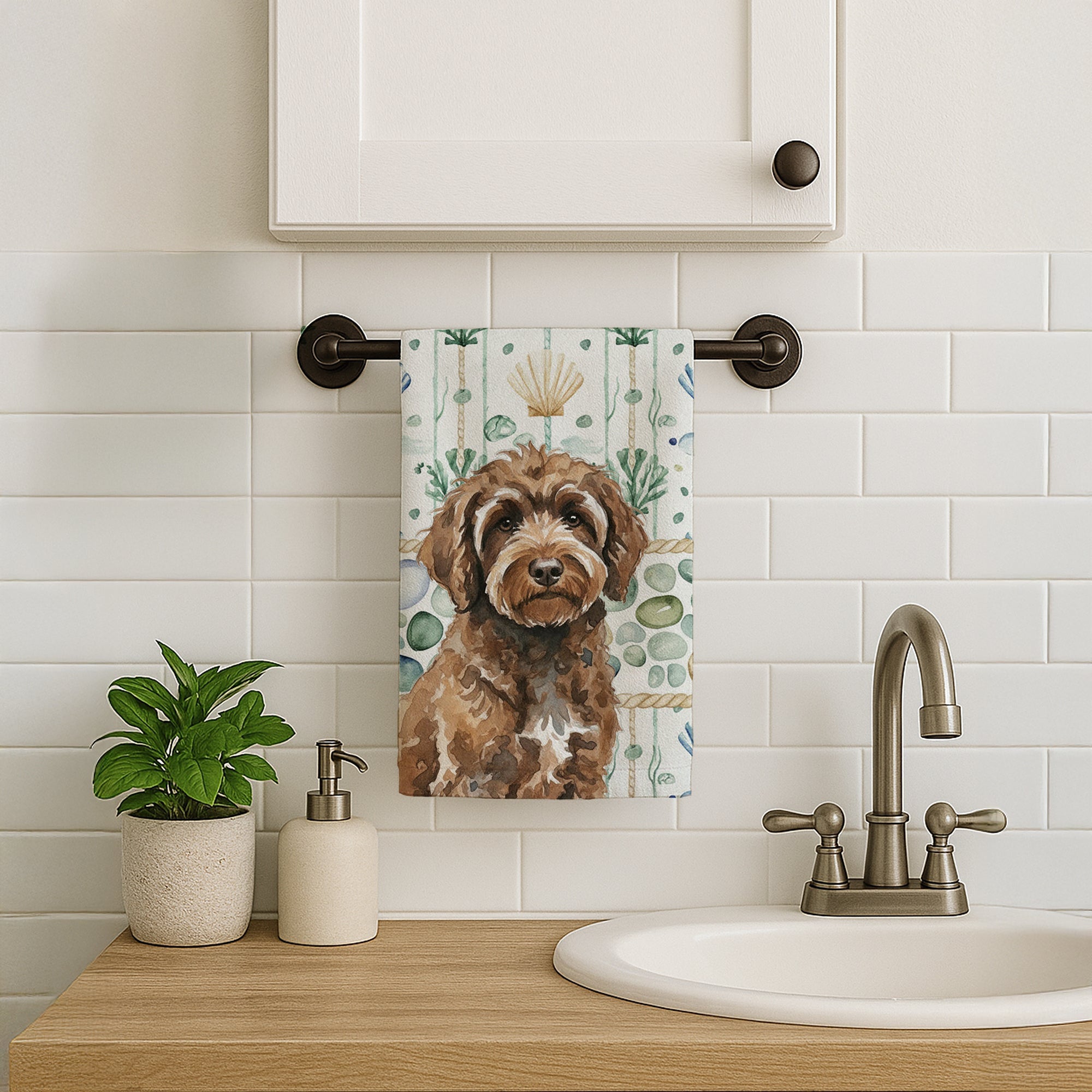 Brown Portuguese Water Dog Coastal Sea Glass Kitchen Towel Velour Plush Front and Cotton Loop Back Machine Washable