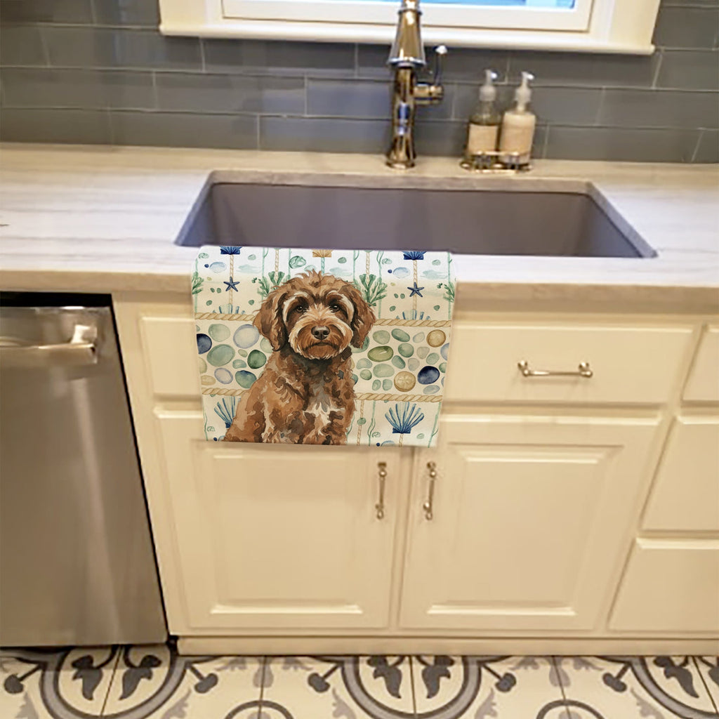 Brown Portuguese Water Dog Coastal Sea Glass Kitchen Towel Velour Plush Front and Cotton Loop Back Machine Washable