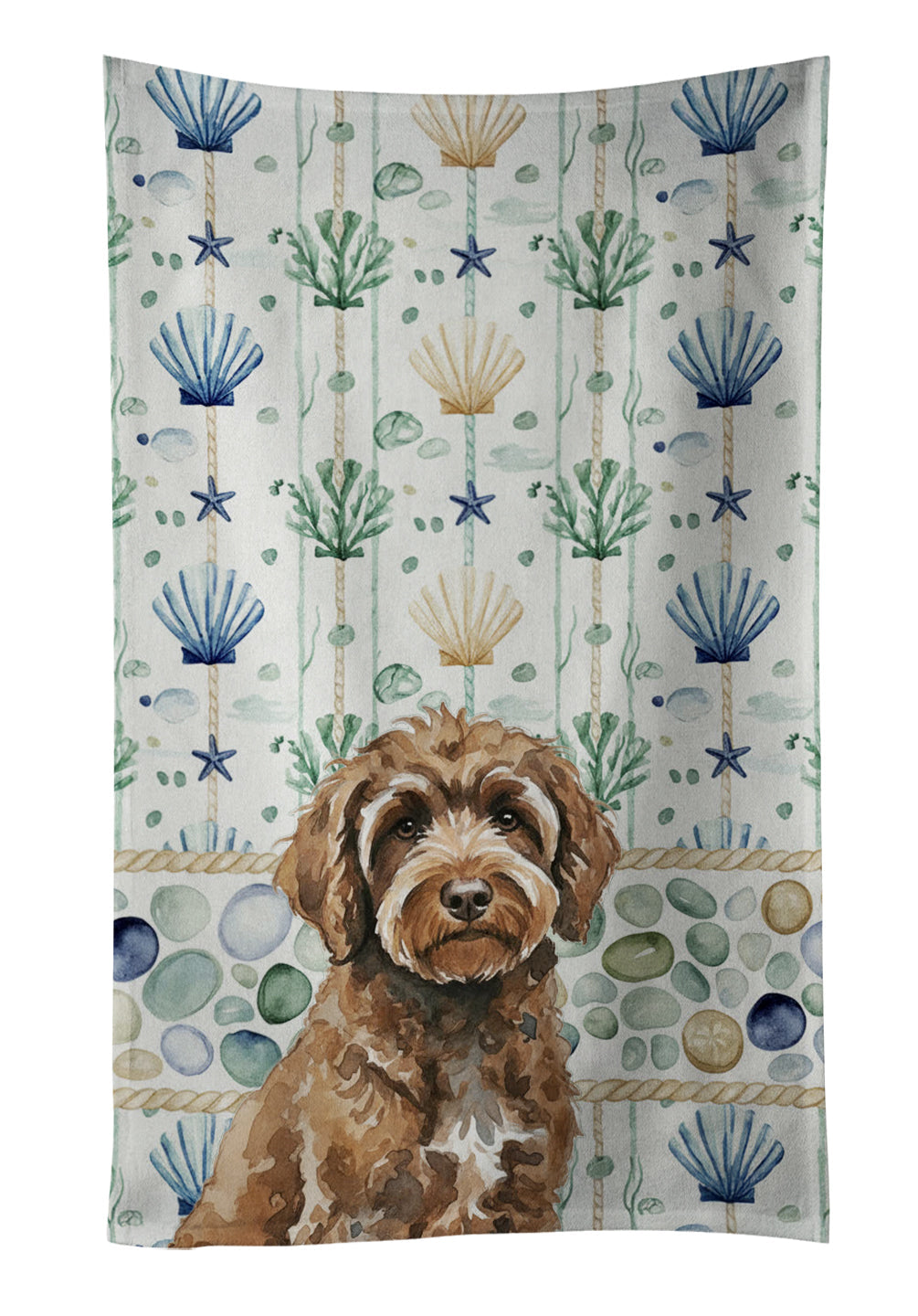 Brown Portuguese Water Dog Coastal Sea Glass Kitchen Towel Velour Plush Front and Cotton Loop Back Machine Washable