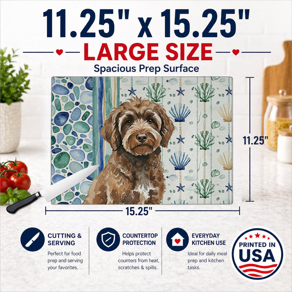 Brown Portuguese Water Dog Coastal Sea Glass Cutting Board Tempered Glass Kitchen Cutting Surface, Heat Resistant Chopping, Non-Slip Feet, Food Prep & Serving