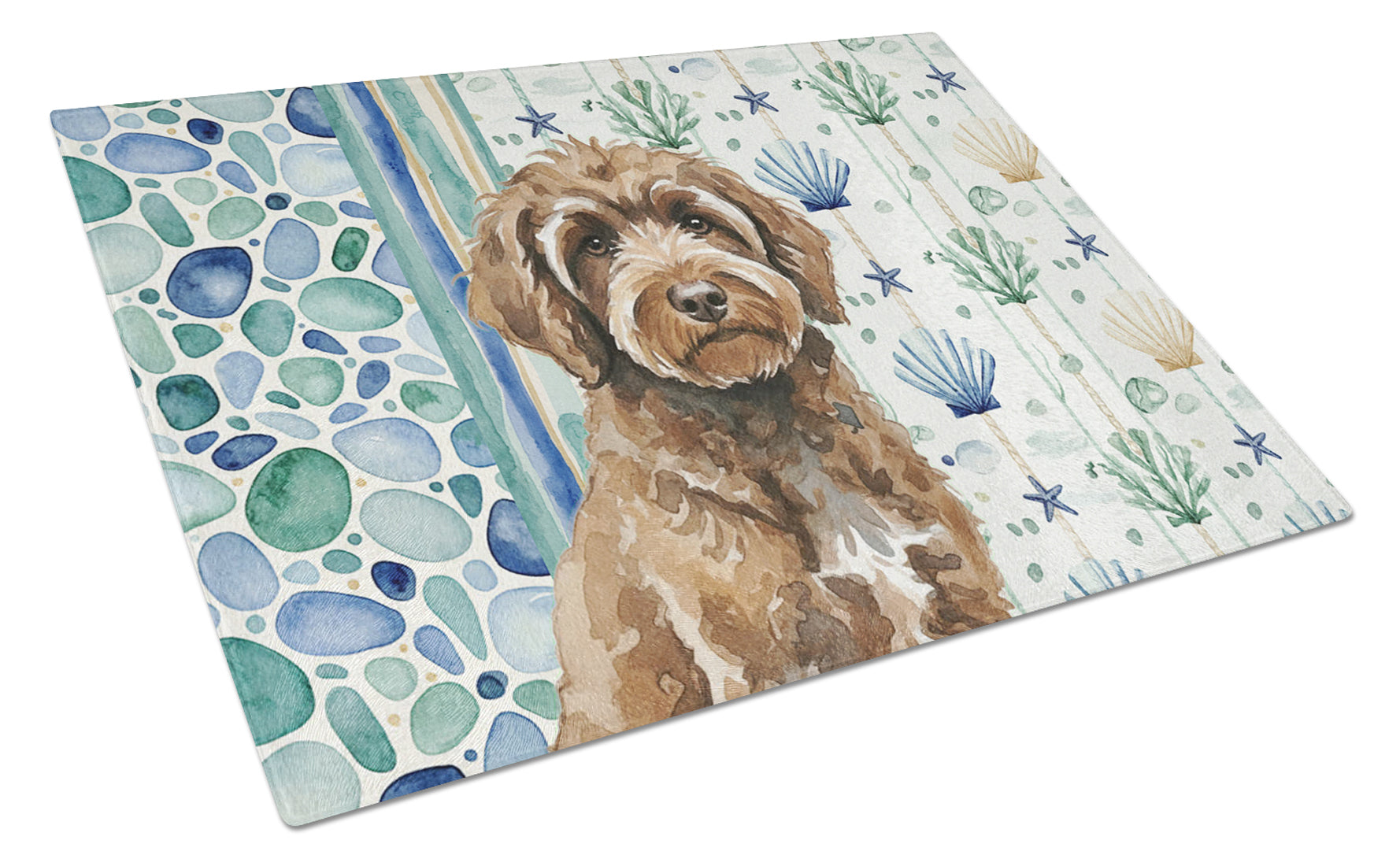 Brown Portuguese Water Dog Coastal Sea Glass Cutting Board Tempered Glass Kitchen Cutting Surface, Heat Resistant Chopping, Non-Slip Feet, Food Prep & Serving